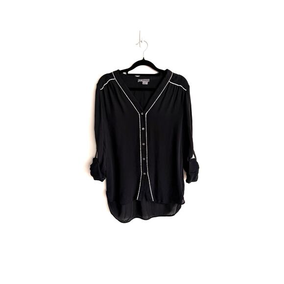 Vince Black 100% Silk Button Front Blouse White Contrast Trim Size Small - Picture 1 of 4